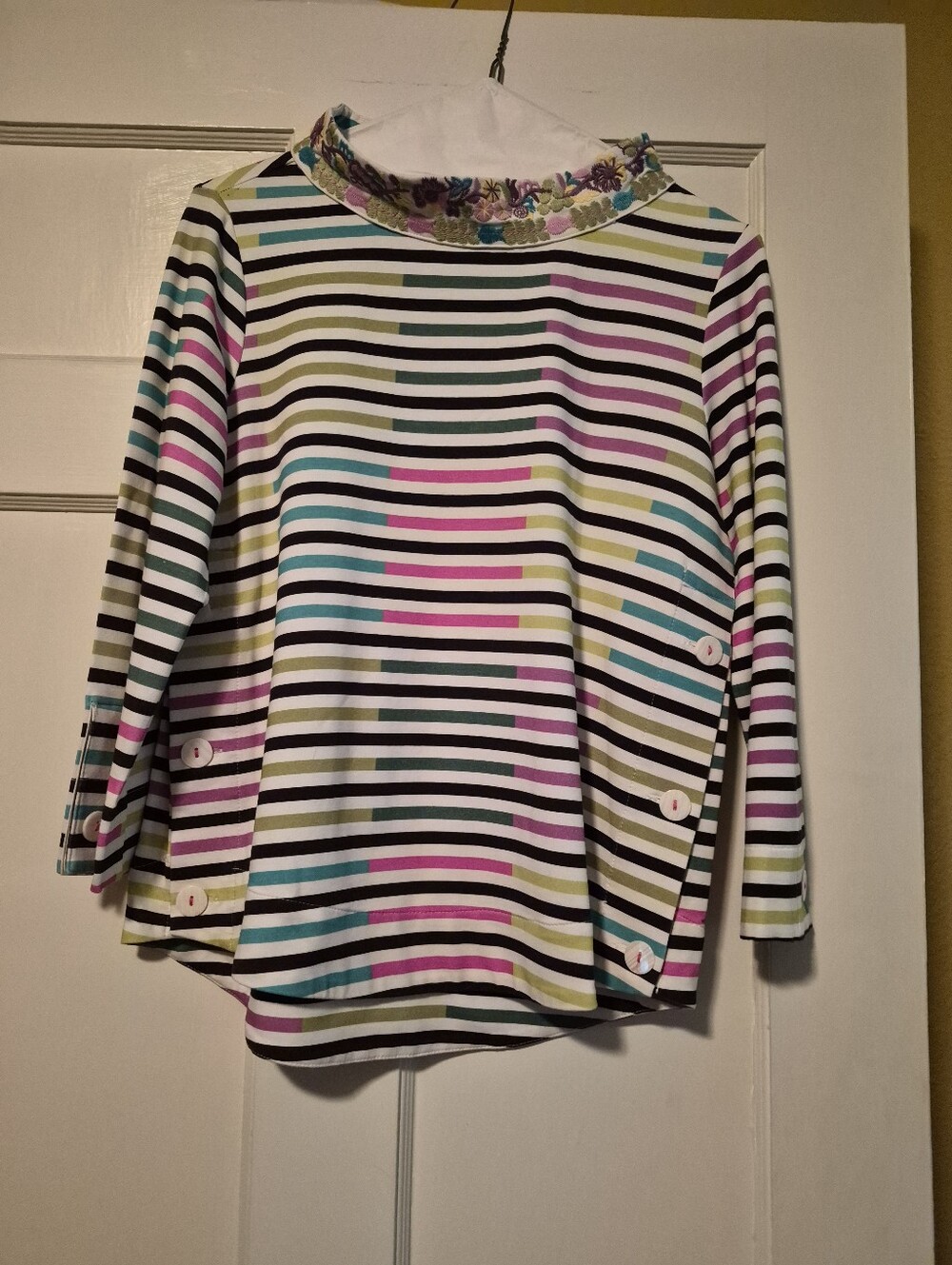 Sharon Young Embroidered Collar Striped Tunic Top Size Small